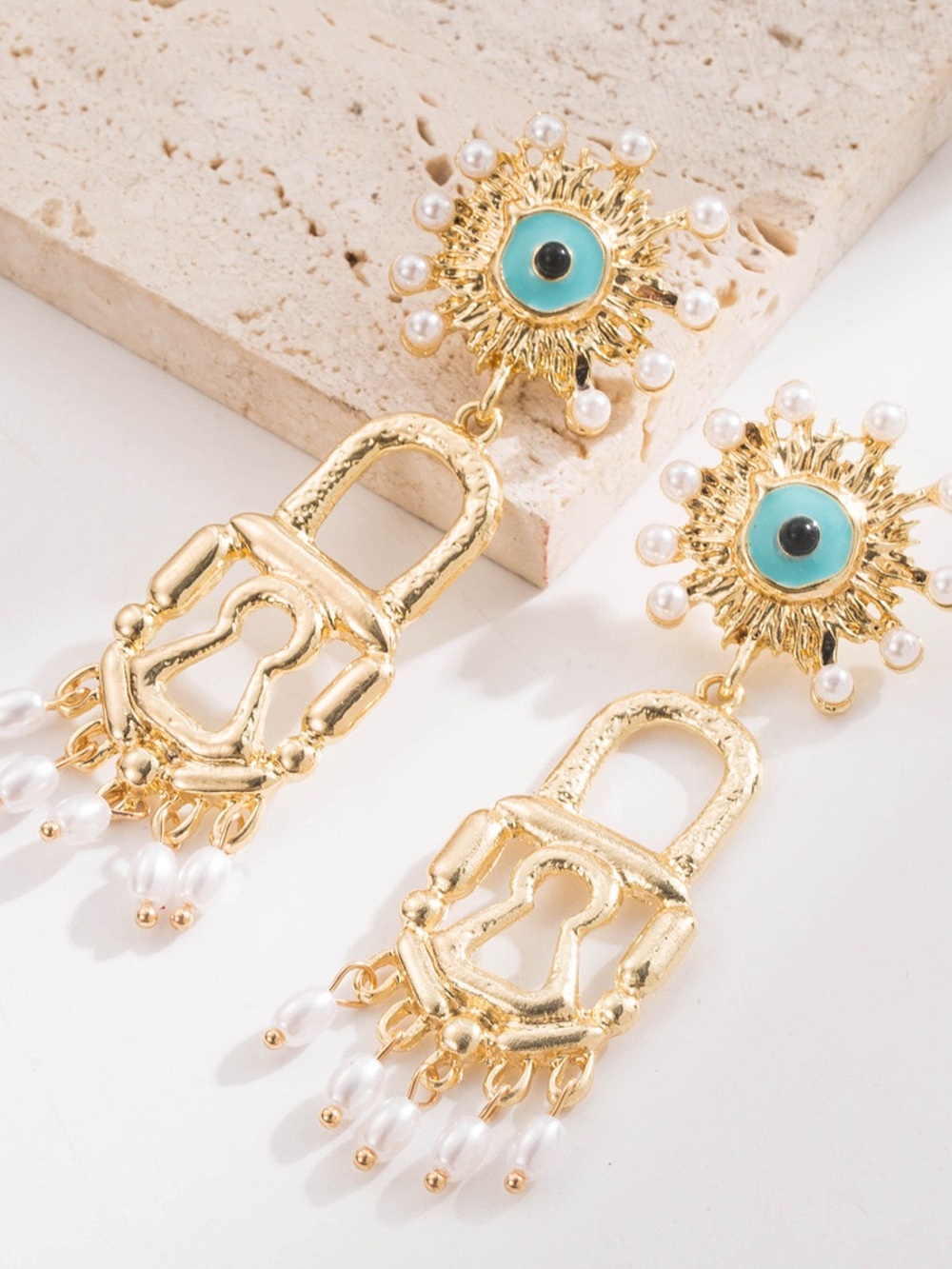 Schiaparelli inspired Gold-Tone Turquoise and Pearl Lock Drop Earrings